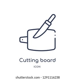 Linear cutting board with knife icon from Bistro and restaurant outline collection. Thin line cutting board with knife vector isolated on white background. cutting board with knife trendy illustration