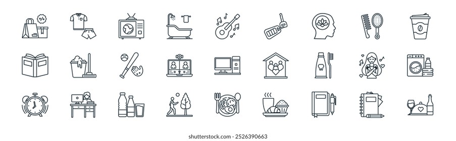 linear daily activity icon pack. vector thin line notebook, clothing, television, hairbrush, online meeting, laundry, lunch, dinner icons suitable for apps and websites ui designs