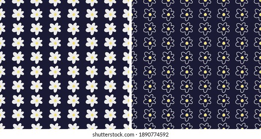 Linear daisy flower seamless pattern set of two vector aop with dark blue background.
