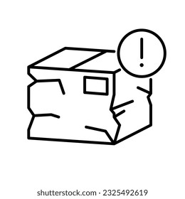 Linear damaged package box icon. Broken cardboard box. Delivery concept. Problem with transportation and storage of goods. Line vector illustration of torn cargo box. Сrushed parcel. Shipping crate