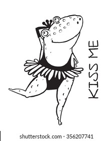 Linear dancing frog ballet dancer. Outline frog kiss me. Valentine animal love illustration, romantic character princess vector.