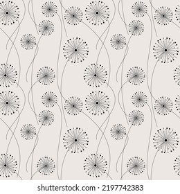 Linear dandelion flower seamless pattern. Abstract floral vector illustration. Botanical outline backdrop. Wallpaper, background, fabric, textile, print, wrapping paper or package design.
