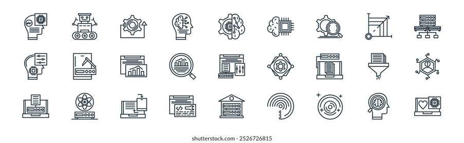 linear data analytics icon pack. vector thin line self centered, robotics, reverse engineering, scalable, statistical chart, information, data warehouse, affective icons suitable for apps and