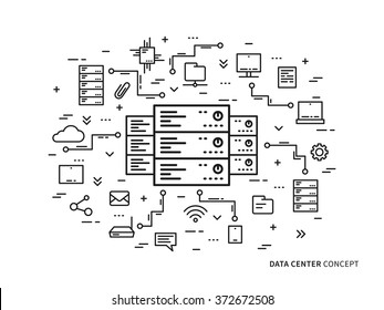 Linear Data Center (server Park, Hosting Center) Vector Illustration. Data Center (network Equipment, Hosting Storage, Database Technology) Creative Concept. Data Infrastructure Graphic Design.
