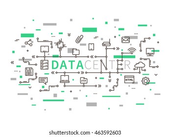 Linear data center (server park, hosting center) vector illustration. Data center (network equipment, hosting storage) creative concept. Data center (network infrastructure) graphic design.