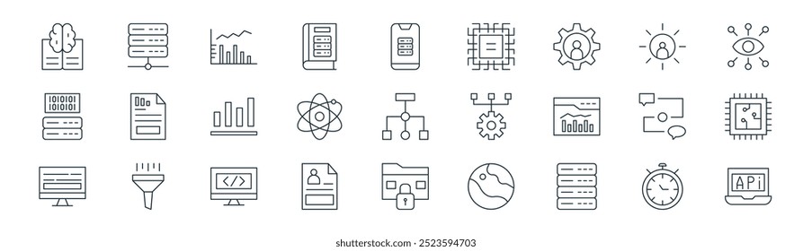 linear data science icon pack. relógio de linha fino vetor, servidor, gráfico de barras, usuário, átomo, cpu, pasta, ícones de api adequados para aplicativos e sites