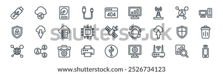 linear data science icon pack. vector thin line analysis, cloud sharing, hdd, networking, cpu, delete, usb, connection icons suitable for apps and websites ui designs