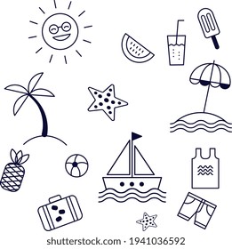 Iconos de horario de verano lineal. El concepto de verano, vacaciones, viajes de fin de semana.