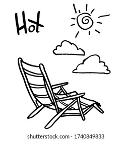 Linear deck chair, sun and cloud on white isolated backdrop. Travel sticker set for bath tile, invitation or gift card, travel agency. Phone case or cloth print. Doodle style stock vector illustration