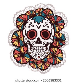 Linear decorated Calavera with intricate designs surrounded by vibrant marigold flowers symbolizing the Day of the Dead's celebration of life and remembrance. Dia de los Muertos sugar skull calaca art