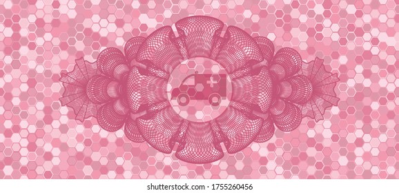 Linear decoration Ambulance icon inside pink tile mosaic pattern realistic emblem. Geometric hexagon classic background. Intense illustration. 