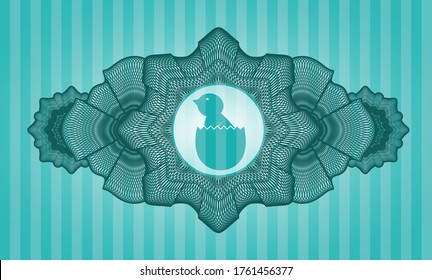 Linear decoration baby chick coming out of the egg icon inside Turquoise badge. Bars luxurious background. Intense illustration. 