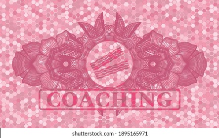 Linear decoration bacon icon and Coaching text pink color tile mosaic style pattern realistic badge. Geometric hexagon delicate background. Vector illustration. 