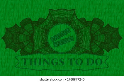 Linear decoration bacon icon and things to do text green sod grass realistic badge. Eco graceful background. Intense illustration. 