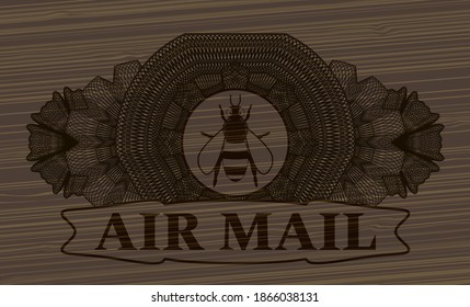 Linear decoration bee icon and Air mail text wooden emblem. Brown delicate background. Intense illustration. 