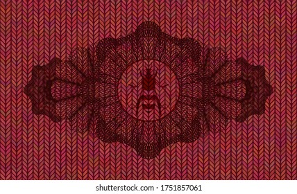 Linear decoration bee icon inside Red color woolen fabric realistic emblem. Cloth exquisite background. Intense illustration. 