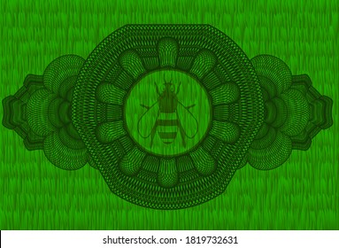 Linear decoration bee icon inside green grama grass realistic badge. Eco chic background. Illustration. 