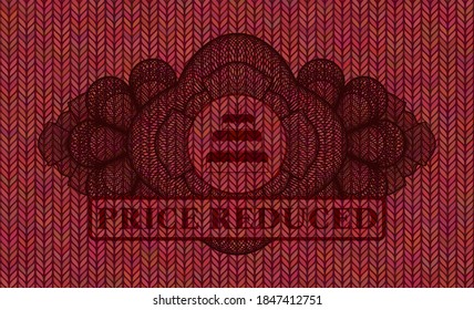 Linear decoration birthday cake icon and Price Reduced text Red color woolen fabric realistic badge. Cloth delicate background. Intense illustration. 
