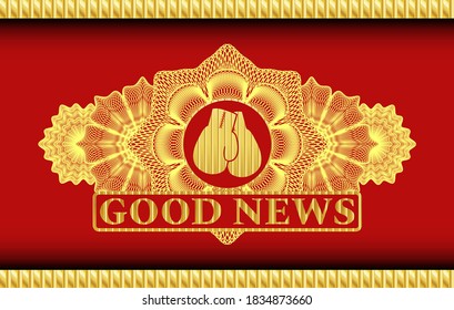 Linear decoration boxing gloves icon and Good News text Red color and Gold realistic emblem. Traditional fancy background. Artistic illustration. 