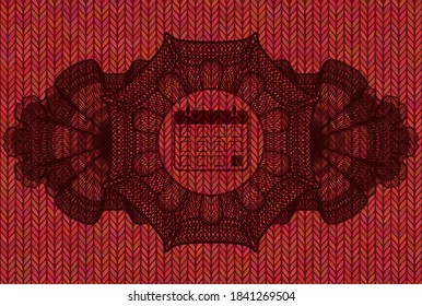 Linear decoration calendar icon inside Red color woolen fabric realistic badge. Cloth fashionable background. Intense illustration. 