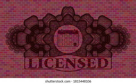 Icono de calendario de decoración lineal y placa de pared de ladrillo de texto con licencia. Bonito fondo de baldosas. Ilustración intensa. 