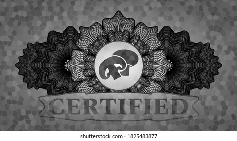 Linear decoration champignon icon and Certified text grey color stone wall realistic badge. Rock handsome background. Artistic illustration. 