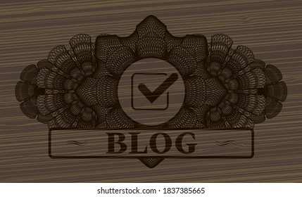 Marcador de casilla de verificación de decoración lineal marcado y botón de madera de texto de blog. Marrón elegante fondo. Ilustración vectorial. 