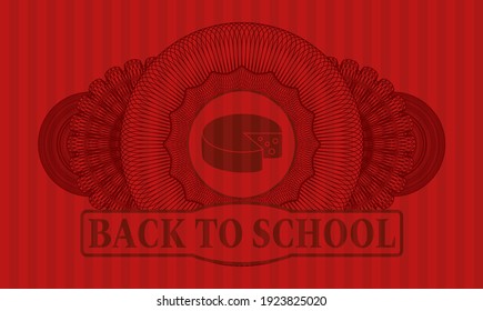 Linear decoration Cheese icon and Back to School text red realistic emblem. Bars fancy background. Illustration. 