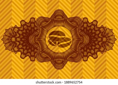 Linear decoration coffee beans icon inside abstract orange realistic emblem. Geometric luxurious background. Illustration. 