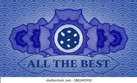 Linear decoration cookie icon and All the best text blue japanese style pattern realistic emblem. Geometric fashionable background. Vector illustration. 