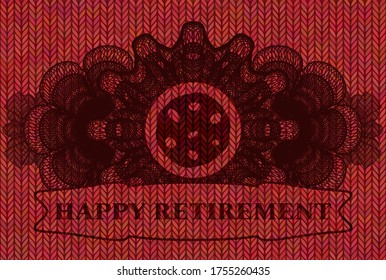 Linear decoration cookie icon and Happy Retirement text Red wool emblem. Cloth delicate background. Illustration. 