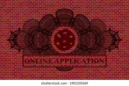 Linear decoration cookie icon and Online application text brick stone wall realistic badge. Tiles exquisite background. Intense illustration. 