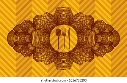 Linear decoration cutlery icon inside abstract orange realistic badge. Geometric fancy background. Artistic illustration. 