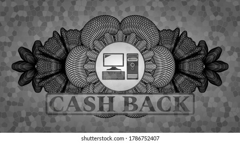 Linear decoration desktop computer icon and Cash back text grey color stone wall realistic emblem. Rock handsome background. Vector illustration. 