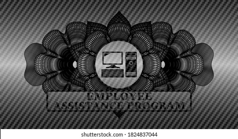 Linear Decoration Desktop Computer Icon And Employee Assistance Program Text Carbon Fiber Realistic Badge. Polymer Texture Fancy Background. Vector Illustration. 