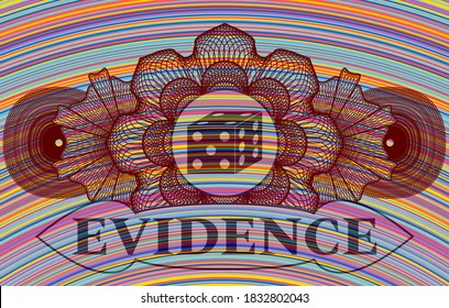 Linear decoration dice icon and Evidence text colorful realistic badge. Showy classic background. Artistic illustration. 