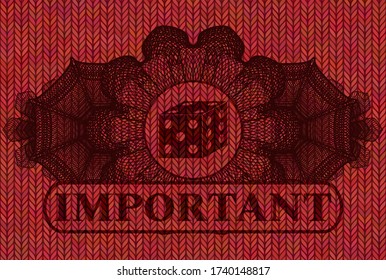 Icono de dados de decoración lineal y texto importante Emblema realista de lana roja. Fondo elegante de tela. Ilustración artística. 