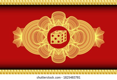 Linear decoration dice icon inside Gold and Red color emblem. Traditional fancy background. Illustration. 