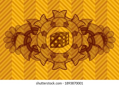Icono de dados de decoración lineal dentro de la placa naranja abstracta. Fondo geométrico elegante. Ilustración intensa. 