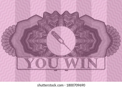 Linear decoration digital thermometer icon and You Win text pink wavy realistic badge. Curve delicate background. Artistic illustration. 