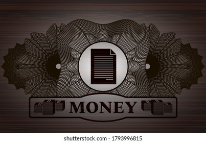 Linear decoration document icon and Money text wooden realistic badge. Brown fancy background. Artistic illustration. 