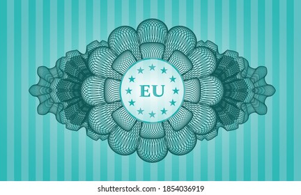 Linear decoration european union icon inside Turquoise badge. Bars chic background. Intense illustration. 