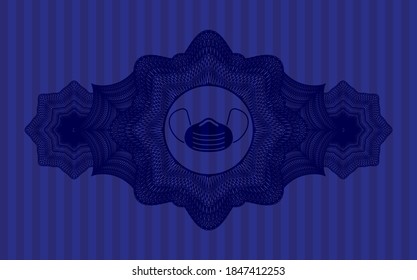 Linear decoration Face mask icon inside Blue emblem. Bars fashionable background. Intense illustration. 