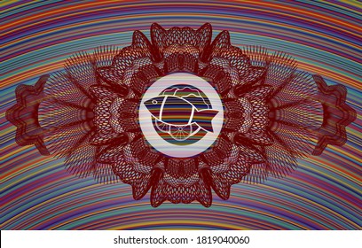 Linear decoration fish dish icon inside colorful realistic badge. Showy fashionable background. Vector illustration. 