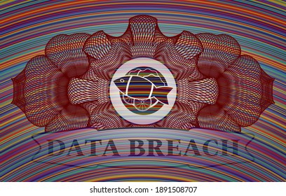 Linear decoration fish dish icon and data breach text colorful badge. Showy chic background. Vector illustration. 