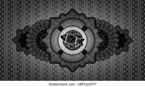 Linear decoration fish dish icon inside dark abstract realistic emblem. Pattern chic background. Illustration. 