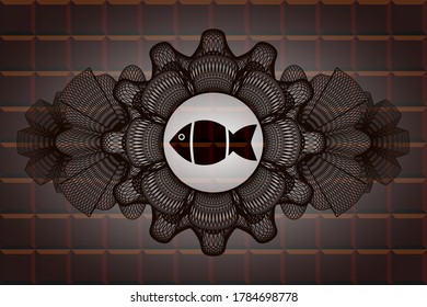 Linear decoration fish icon inside chocolate badge. Brown classic background. Illustration. 