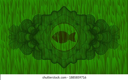 Linear decoration fish icon inside green grama grass emblem.   Eco luxurious background. Illustration. 