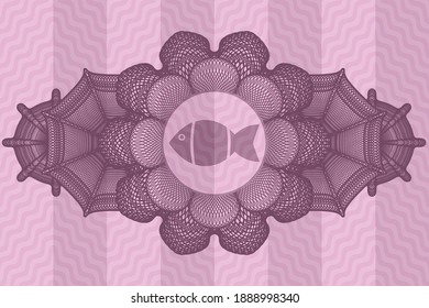 Icono de pescado con decoración lineal dentro de la placa ondulada rosa. Fondo curvo elegante. Ilustración artística. 