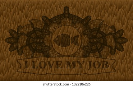 Linear decoration fish icon and I Love my job text Hairy Brown fur emblem. Pet handsome background. Intense illustration. 